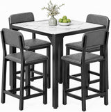 5-Piece Counter Height Dining Set | Marble-Look Top, Padded Chairs, Modern Grey