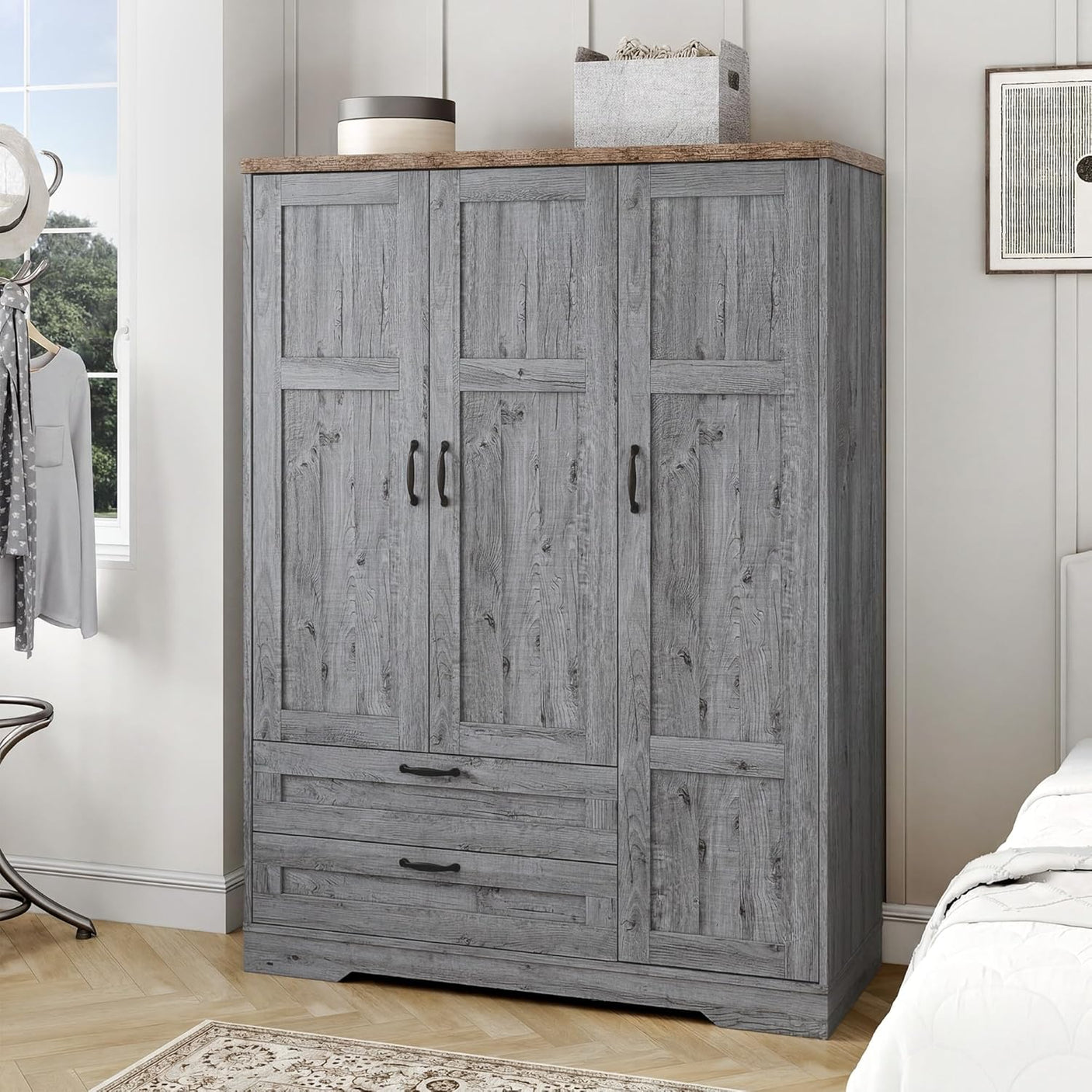 Yechen 3-Door Wooden Wardrobe Closet with Mirror, Drawers & Shelves, Farmhouse Armoire for Bedroom
