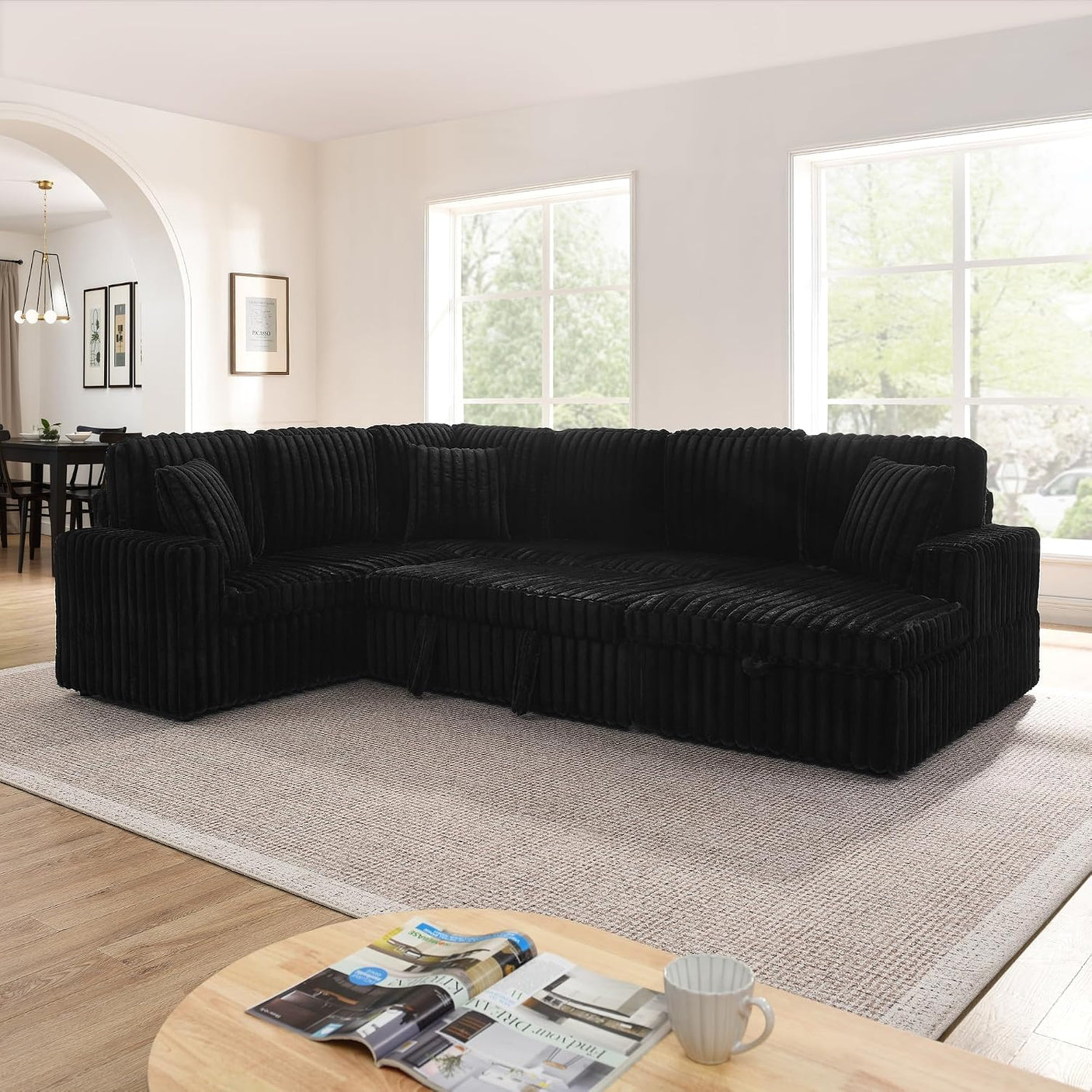 114" U-Shaped Sectional Sofa with Pull-Out Bed, Storage Chaise & USB Ports | Plush Corduroy, Seats 7