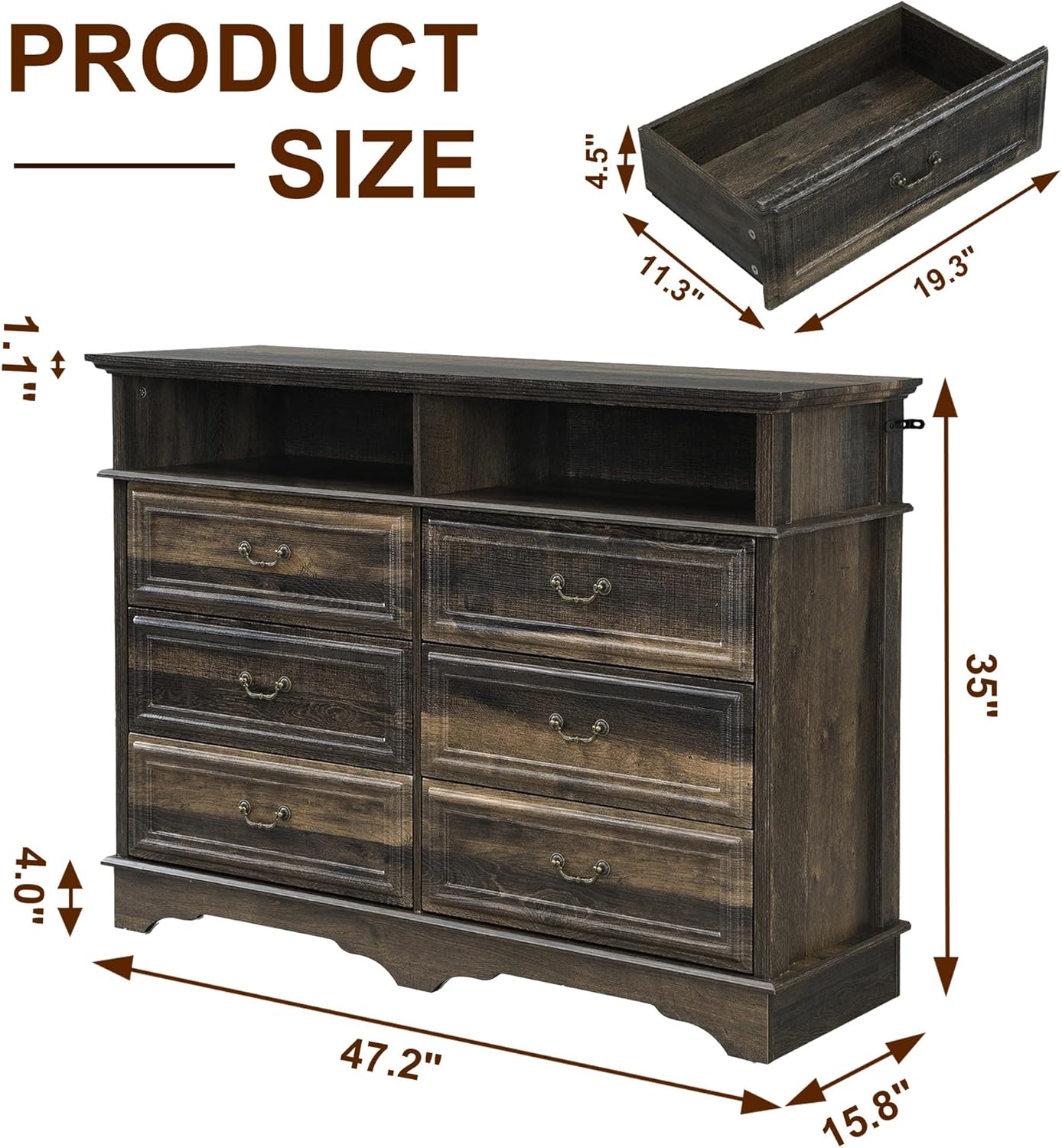 Rustic 6 Drawer Open Shelves Dresser