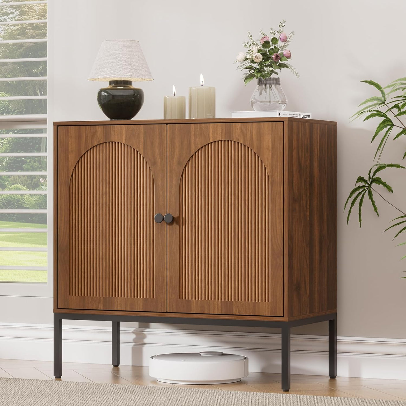 Fluted Sideboard Cabinet with Storage – 2-Door Arched Buffet Credenza | Mid-Century Modern | Walnut & Black