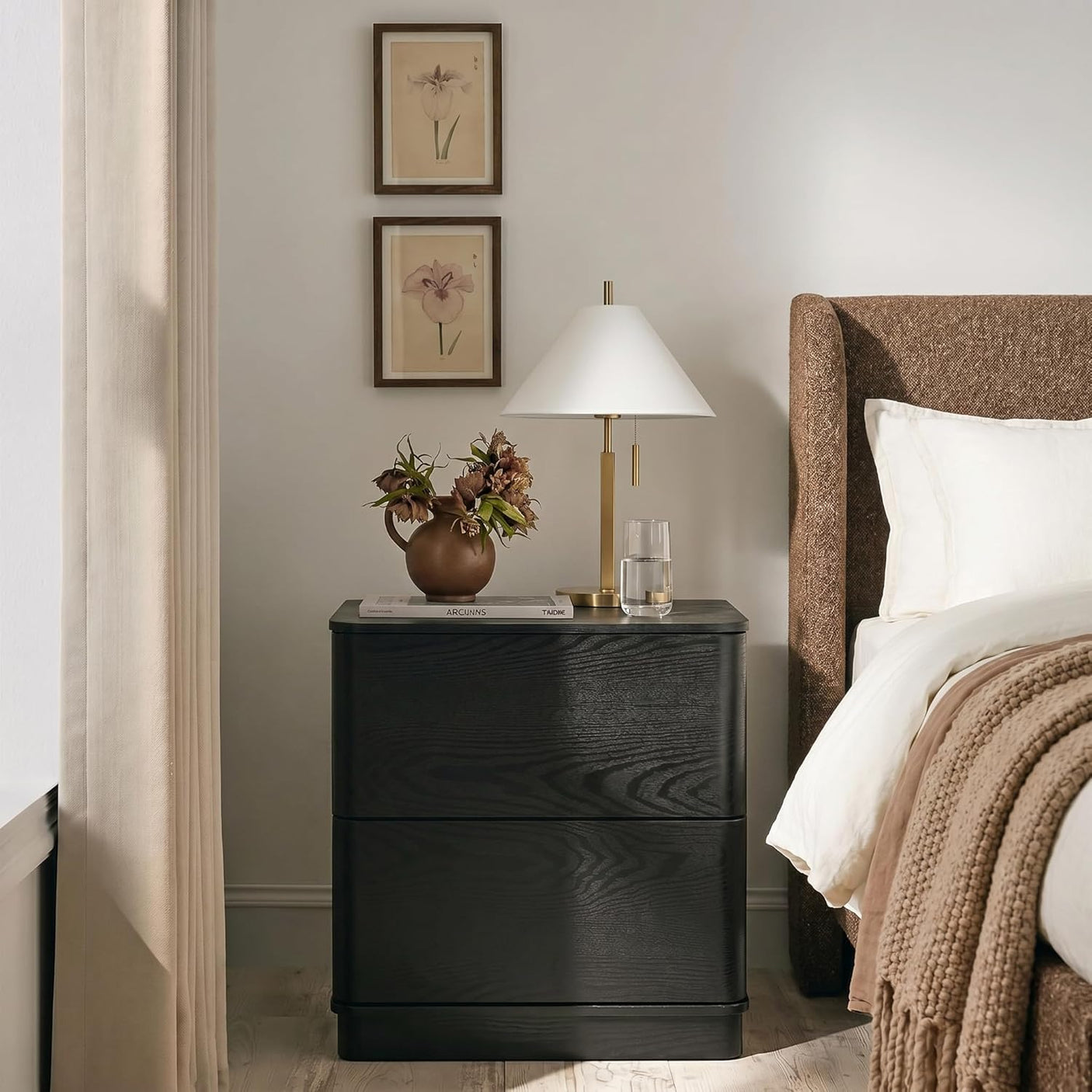 Nightstand with 2 Push to Open Drawers & Hidden Compartment | 22'' Curved Bedside Table | Mid-Century Modern