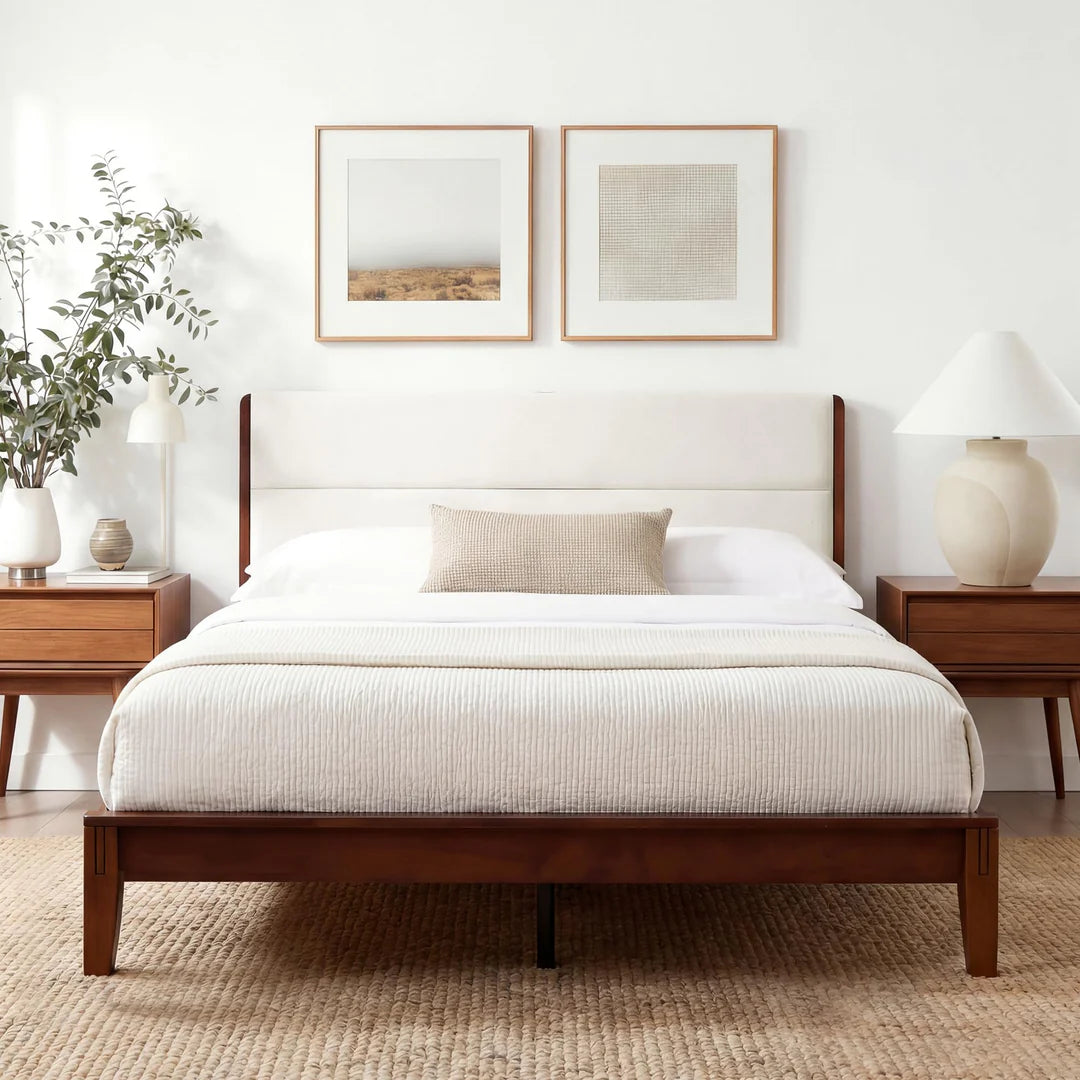 Yechen King Bed Frame – FSC Bamboo, Japanese Joinery & Upholstered Headboard