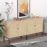 Natural Rattan Oval Sideboard Cabinet | Boho Buffet with Handwoven Doors & Adjustable Shelves