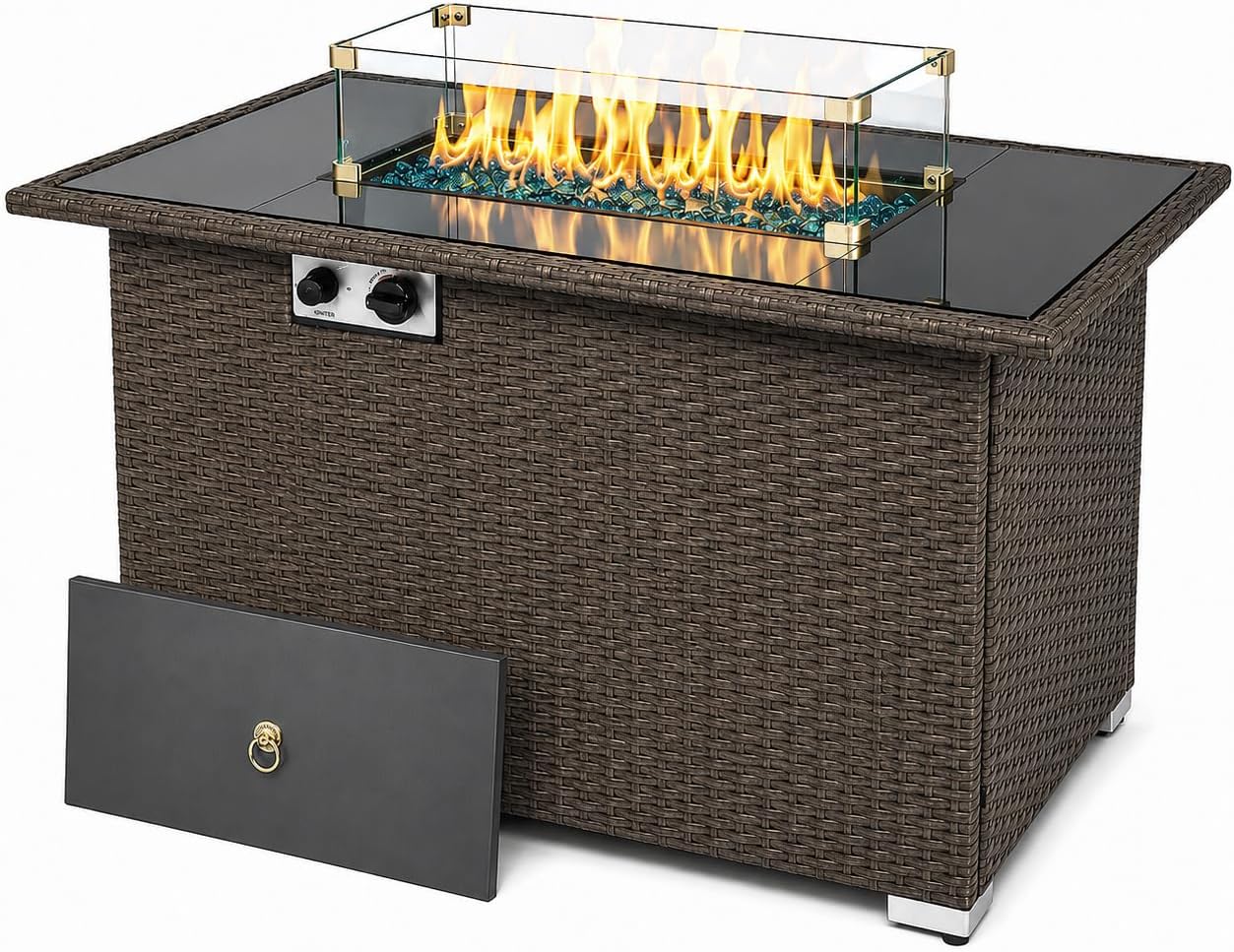 44" Propane Fire Pit Table, 50,000 BTU Outdoor Wicker Gas Fire Table with Glass Wind Guard & Auto Ignition, ETL Certified, Light Brown