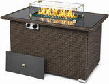 44" Propane Fire Pit Table, 50,000 BTU Outdoor Wicker Gas Fire Table with Glass Wind Guard & Auto Ignition, ETL Certified, Light Brown