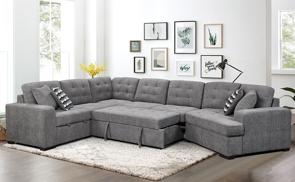 149'' Oversized Large Sectional Sleeper Sofa with Pull Out Bed & Cuddler | 7-Seater L-Shaped Sectional Couch with Chaise Lounge