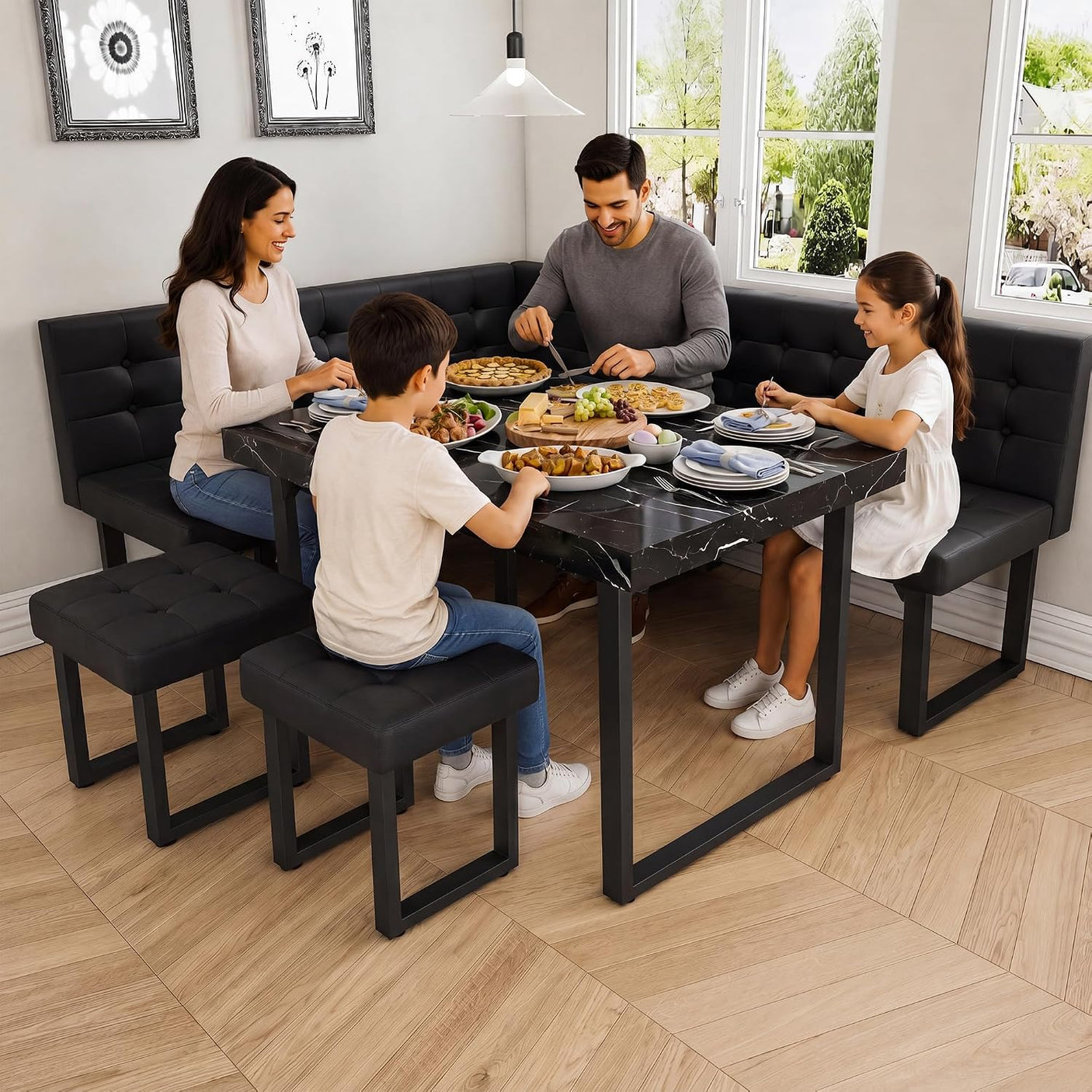 72" Corner Breakfast Nook Set | 5-Piece Dining Set with Storage Bench | Modern Black