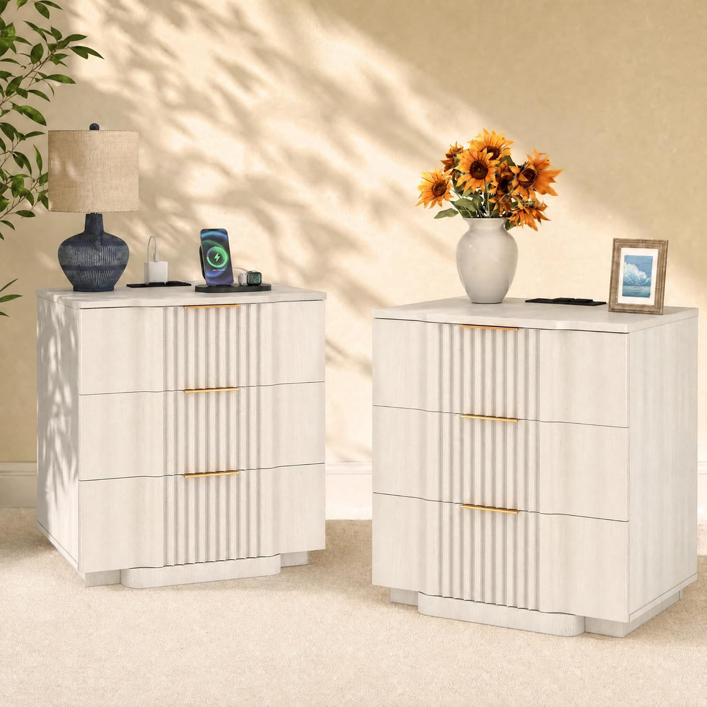 Fluted Nightstand with 20W Fast Charging, 3-Drawer Wood Bedside Table, Curved Profile Base, White Oak