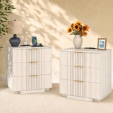 Fluted Nightstand with 20W Fast Charging, 3-Drawer Wood Bedside Table, Curved Profile Base, White Oak