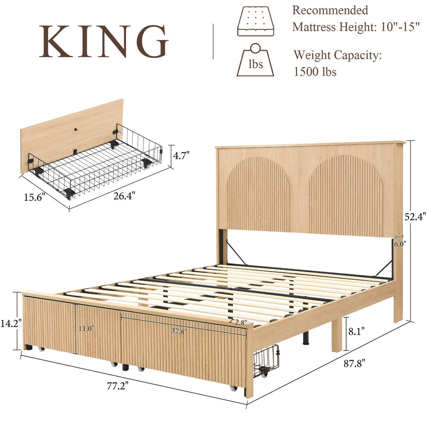 Yechen Modern Arched Reeded Wood Bed | 2 Storage Drawers | Natural Oak