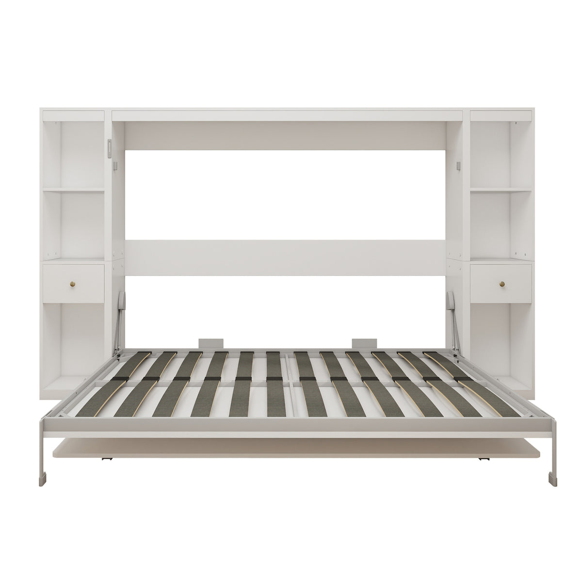 Queen Horizontal Murphy Bed with Desk & Storage – White