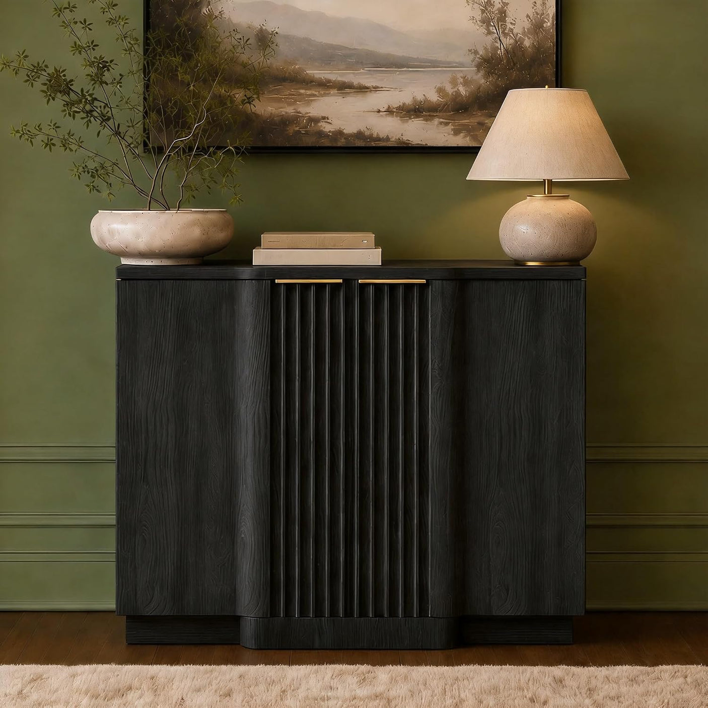 Fluted Buffet Cabinet | 2-Door Sideboard with Adjustable Shelf, Soft Close Hinges & Metal Handle, Black