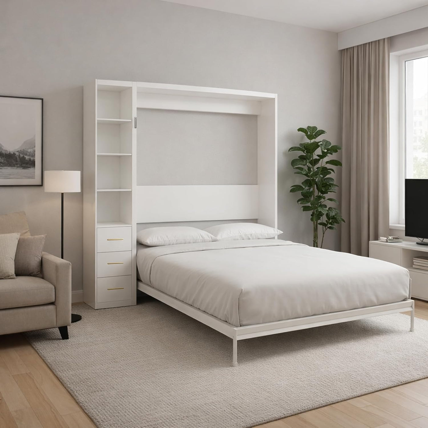 Queen Murphy Bed with Side Storage Cabinet & Bookshelf | Space-Saving Wall Bed | Yechen Home