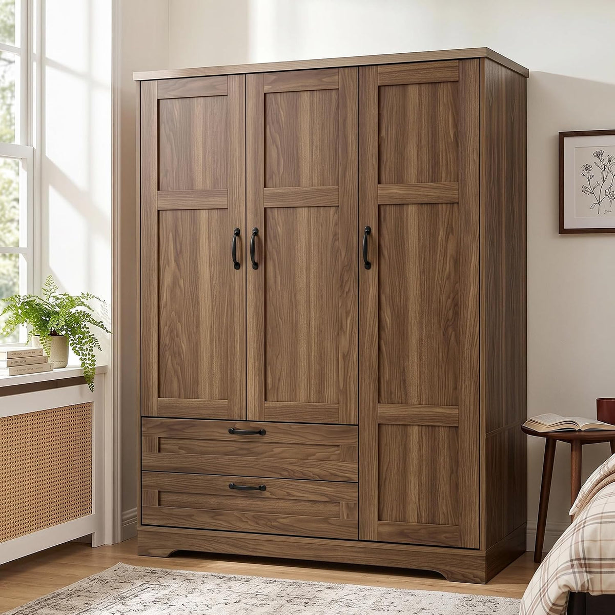 62" Walnut Armoire Wardrobe with Mirror, 3 Doors & 2 Drawers