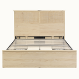 Boho Rattan Queen Bed Frame with Charging Station & 10 Storage Drawers