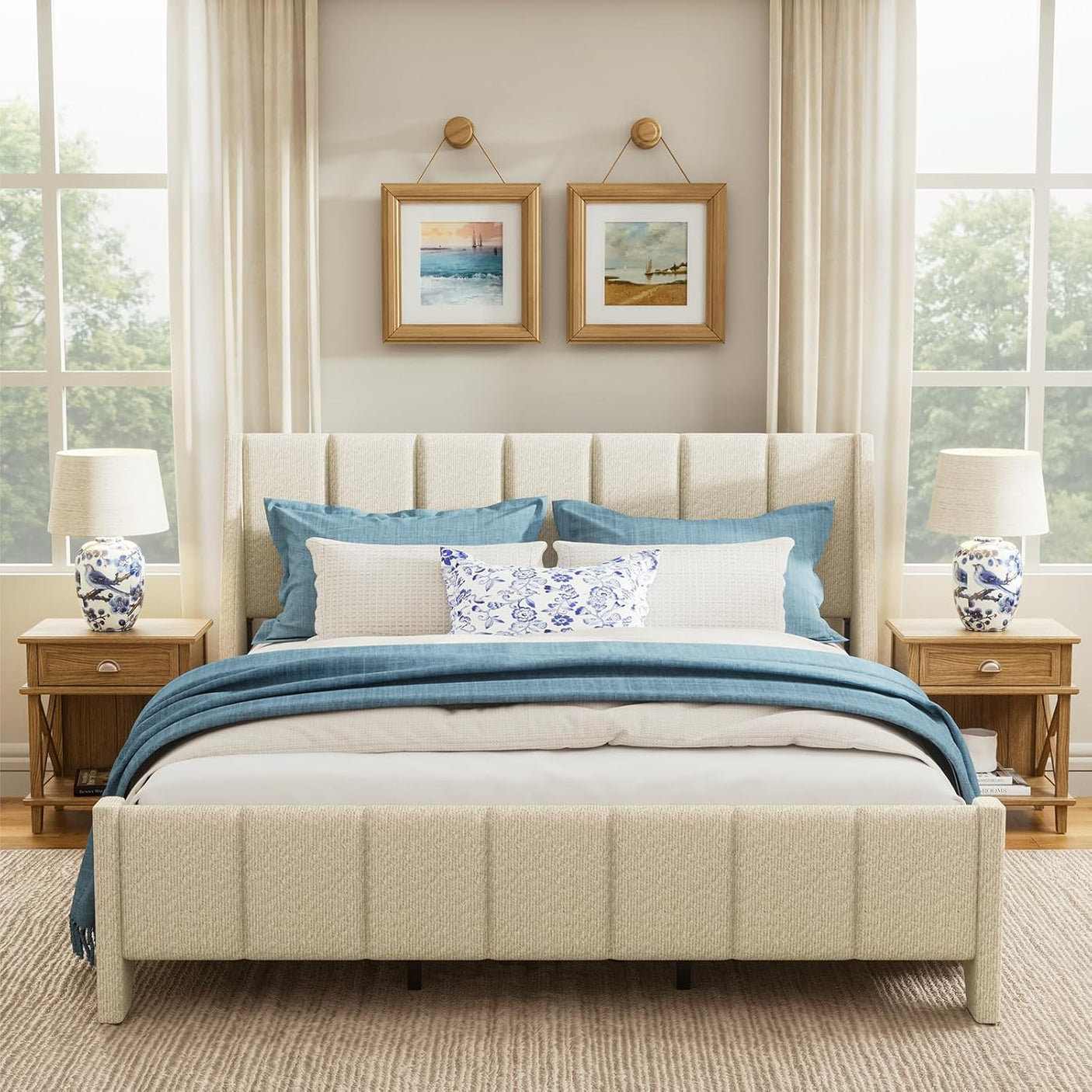 Yechen Boucle Wingback Bed Frame – Upholstered Enclosed Headboard, Full & Queen