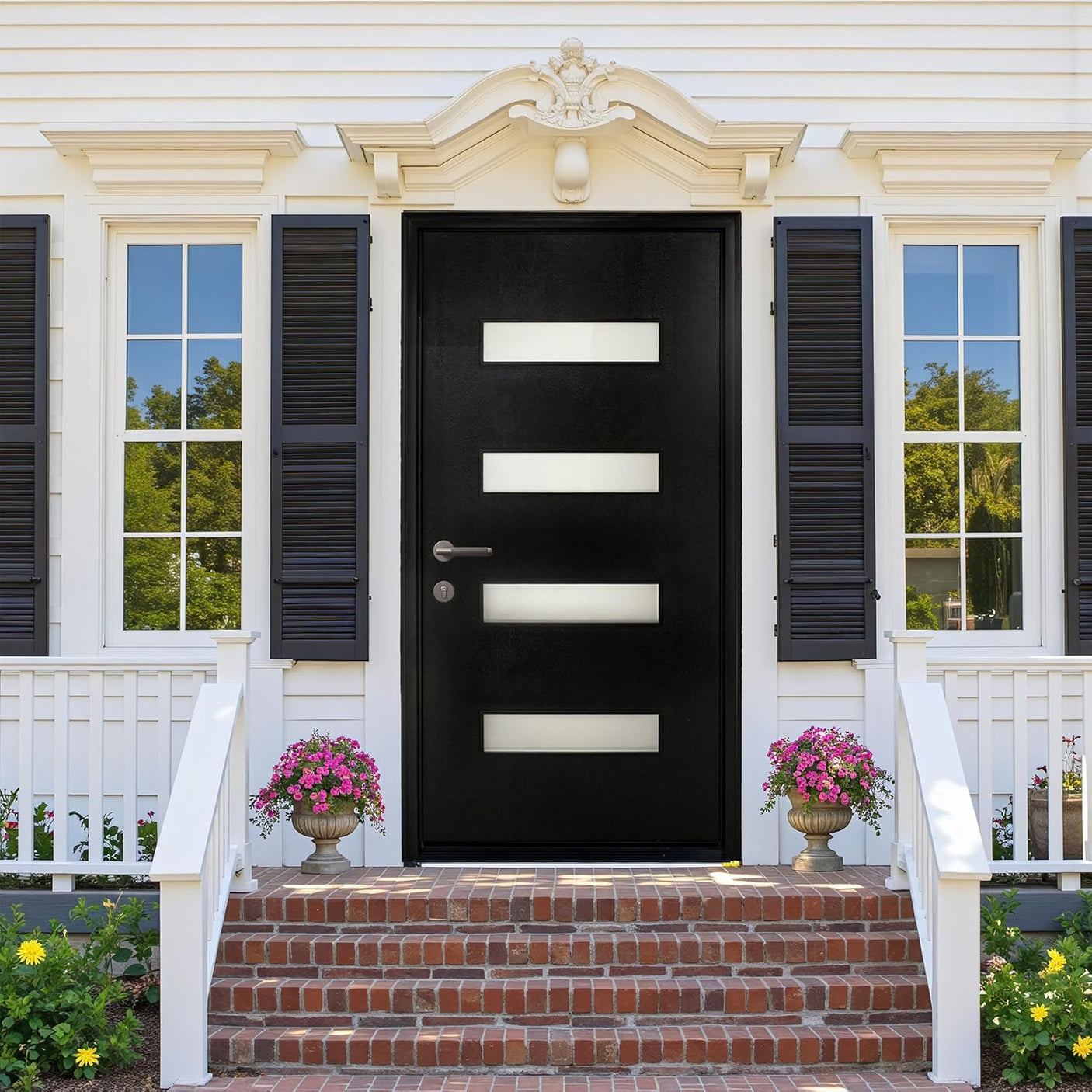 [Slab Only] 36" x 80" Fiberglass Front Door, Contemporary Modern Exterior Door, Frosted Glass Privacy Panel, Pre-Primed Black, Right Hand Inswing (Frame Not Included)