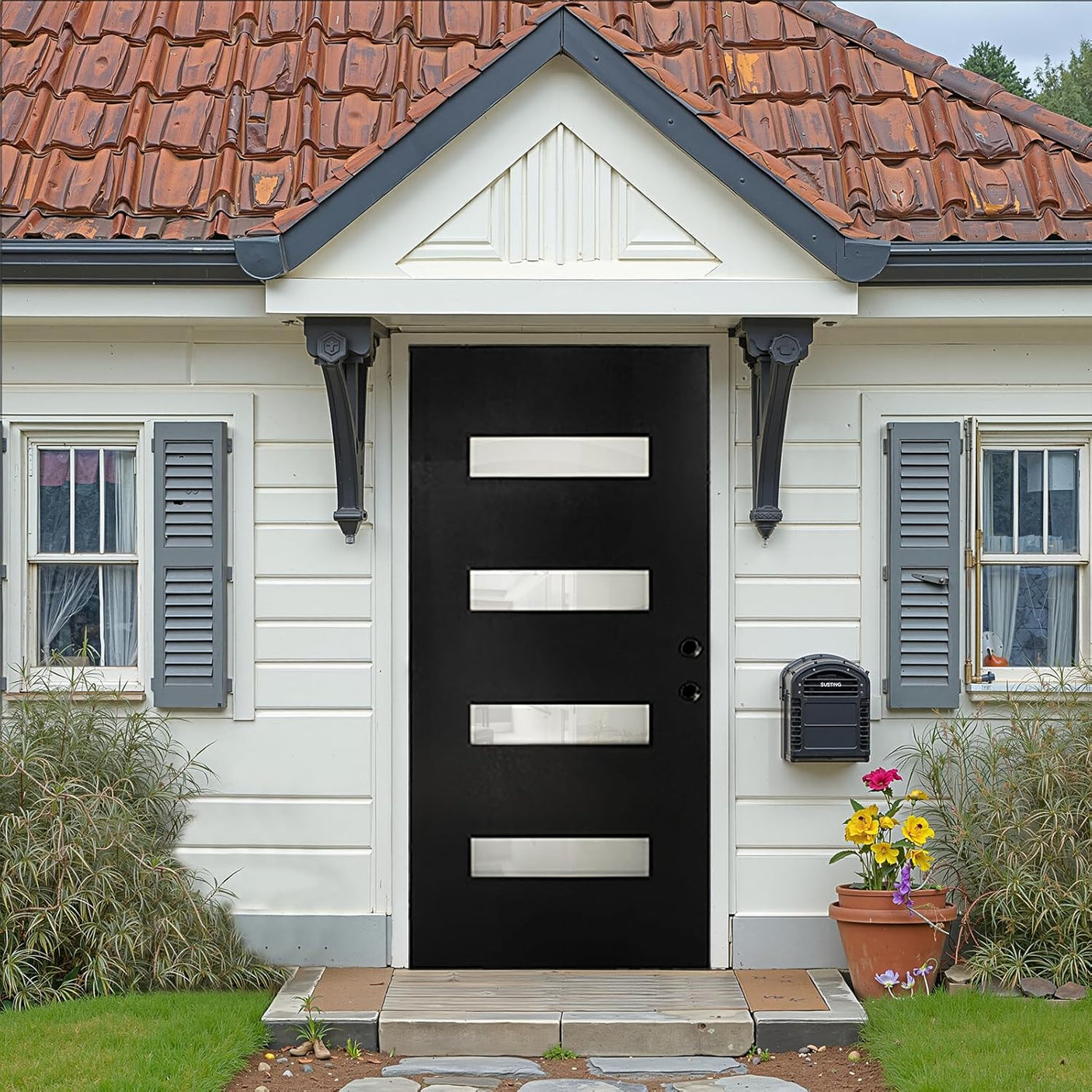 YECHEN 36" x 80" Fiberglass Pre-Hung Front Door, Contemporary Black Entry Door with Frosted Privacy Glass (Left/Right Hand Inswing)