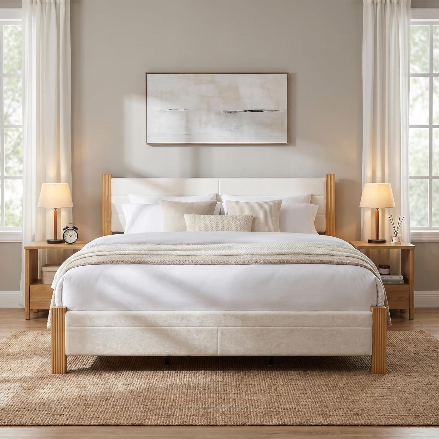 Yechen Upholstered Bed Frame with 47" Tall Headboard, Fluted Panel, Solid Pine Wood Legs, No Box Spring Needed, Off-White