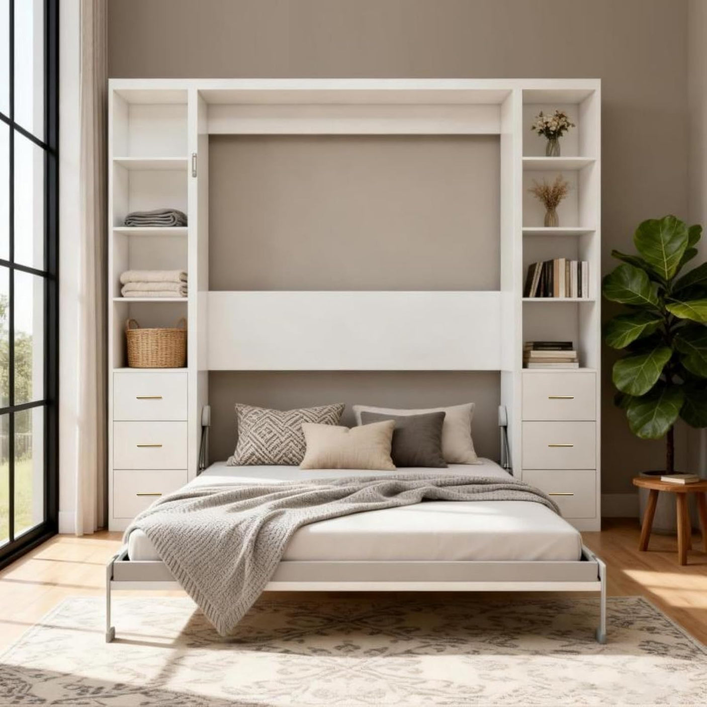 Queen Size Murphy Bed with Bilateral Cabinets & Storage Drawers | Space-Saving Wall Bed | Yechen Home