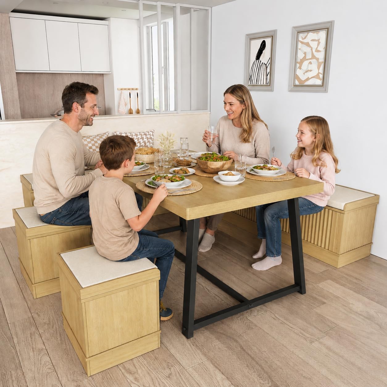 47 Inch Corner Dining Table Set with Storage Stool and Storage Bench