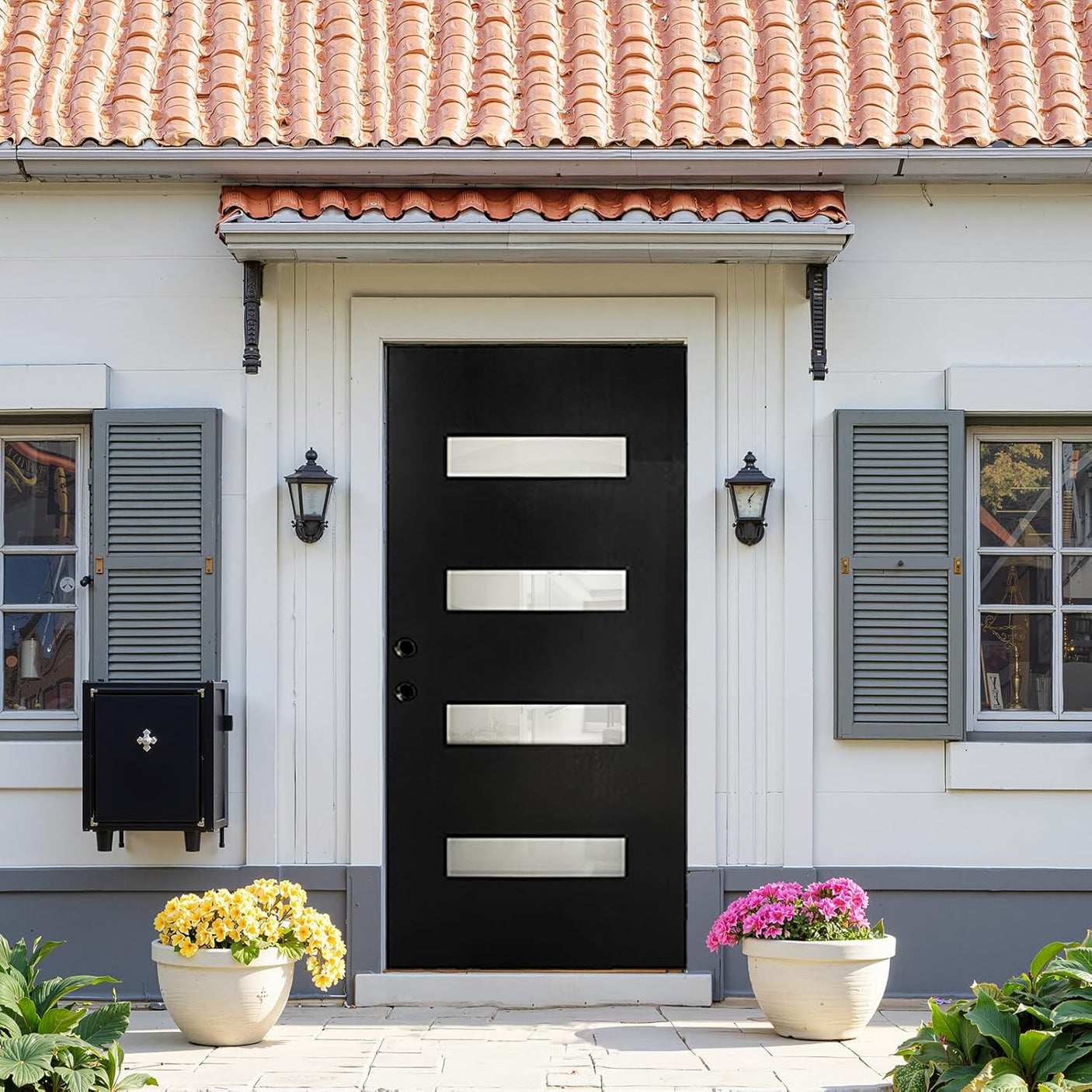 YECHEN 36" x 80" Fiberglass Pre-Hung Front Door, Contemporary Black Entry Door with Frosted Privacy Glass (Left/Right Hand Inswing)