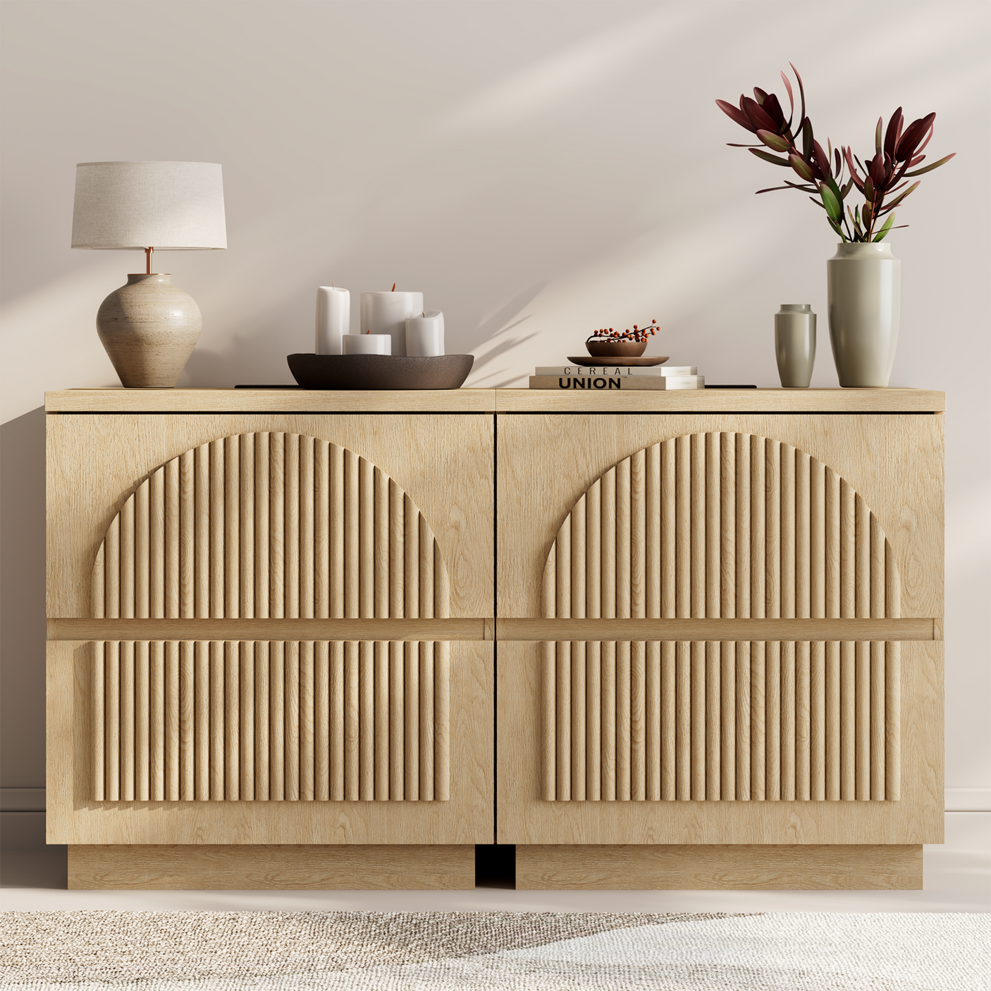 Yechen Fluted Nightstand with Charging Station | Arched Reeded Bedside Table, Natural