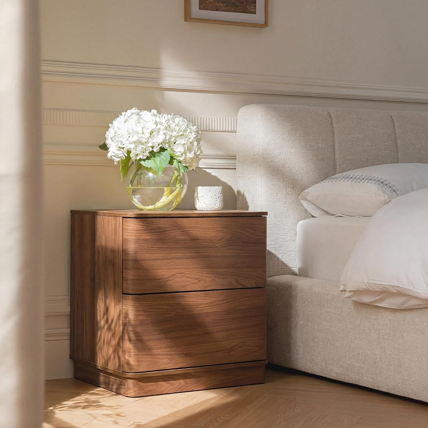 Curved Nightstand with Hidden Drawer | Mid-Century Modern Bedside Table | Walnut