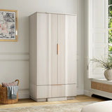 Yechen 67" Fluted White Armoire Wardrobe with Doors & Drawer - Natural Wood Closet Cabinet