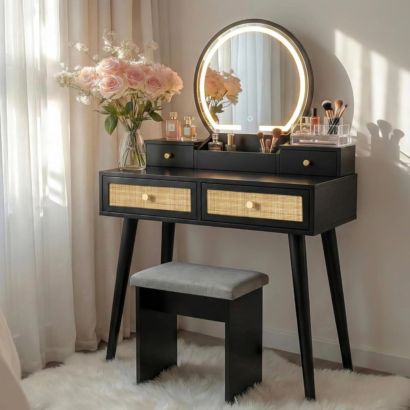 30" Vintage Makeup Vanity Table Set with Flip-Top Mirror & Rattan Drawers, Compact Dressing Table with Padded Stool
