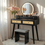 30" Vintage Makeup Vanity Table Set with Flip-Top Mirror & Rattan Drawers, Compact Dressing Table with Padded Stool