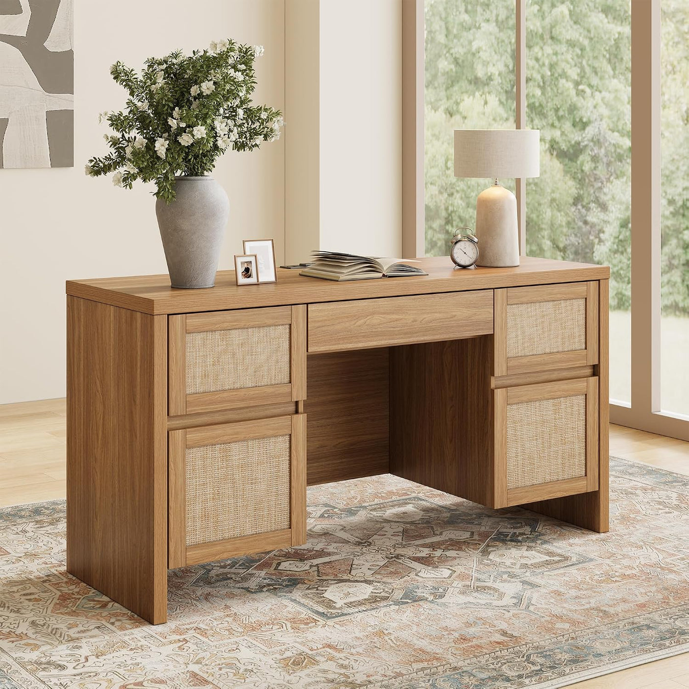 57" Rattan Executive Desk with Charging Station | 5-Drawer Home Office Desk | Farmhouse Walnut Brown | Yechen Home