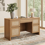 57" Rattan Executive Desk with Charging Station | 5-Drawer Home Office Desk | Farmhouse Walnut Brown | Yechen Home