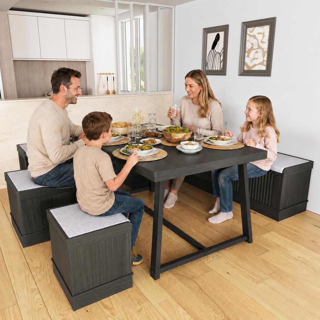 47 Inch Corner Dining Table Set with Storage Stool and Storage Bench