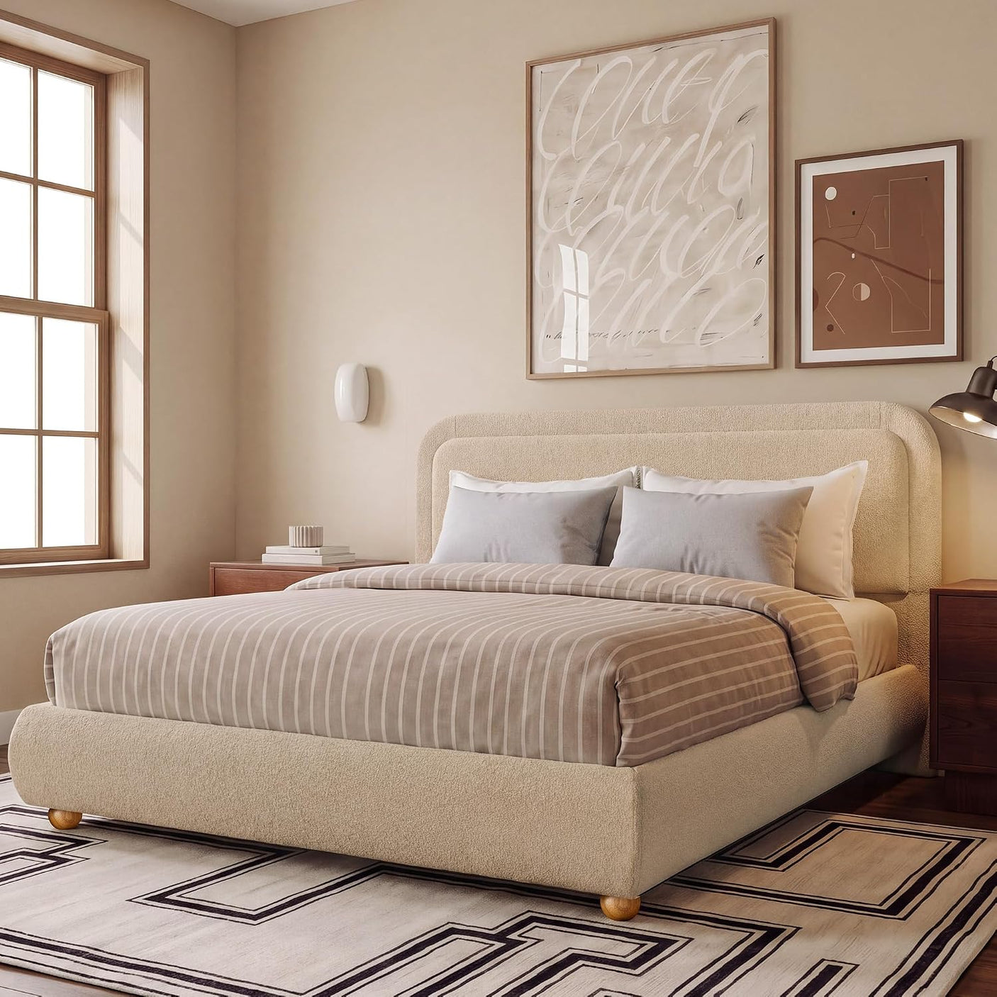 Upholstered Boucle Platform Bed Frame, No Box Spring, 800 lb Capacity – Full & Queen