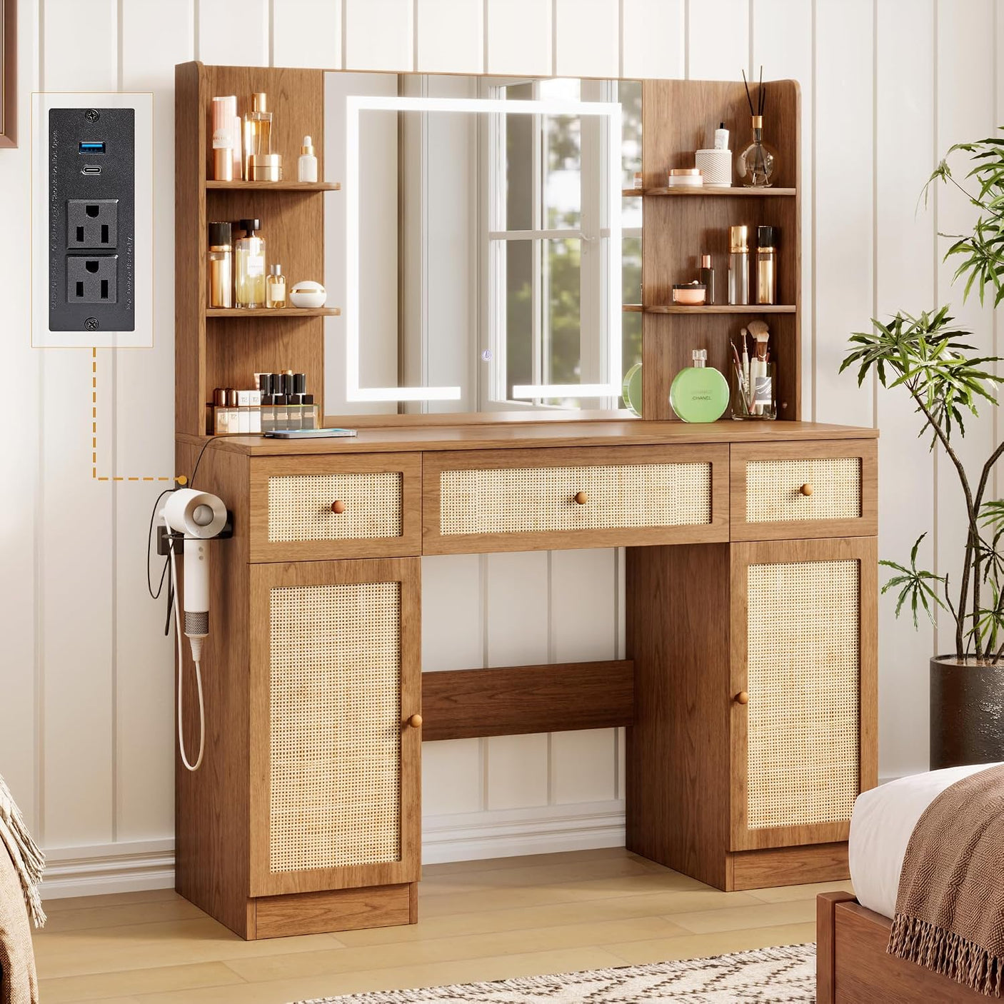 Yechen 43" Boho Makeup Vanity Desk with Sliding LED Mirror & Built-in Power Strip, Modern Rattan Dressing Table Set with Cushioned Stool for Bedroom