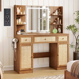 Yechen 43" Boho Makeup Vanity Desk with Sliding LED Mirror & Built-in Power Strip, Modern Rattan Dressing Table Set with Cushioned Stool for Bedroom