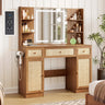 Yechen 43" Boho Makeup Vanity Desk with Sliding LED Mirror & Built-in Power Strip, Modern Rattan Dressing Table Set with Cushioned Stool for Bedroom