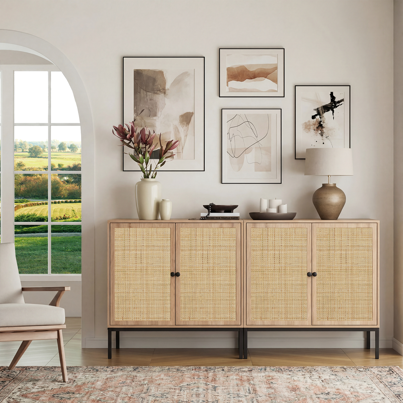 Sideboard Cabinet with Natural Rattan Decorated Doors