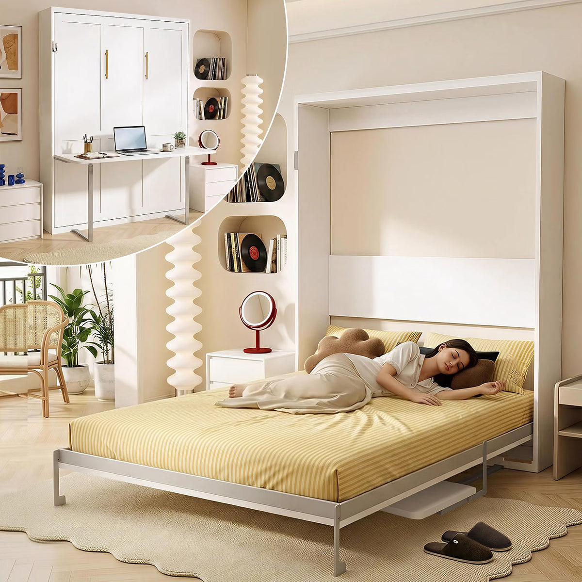 White Queen Murphy Bed with Fold-Down Desk | Yechen Home