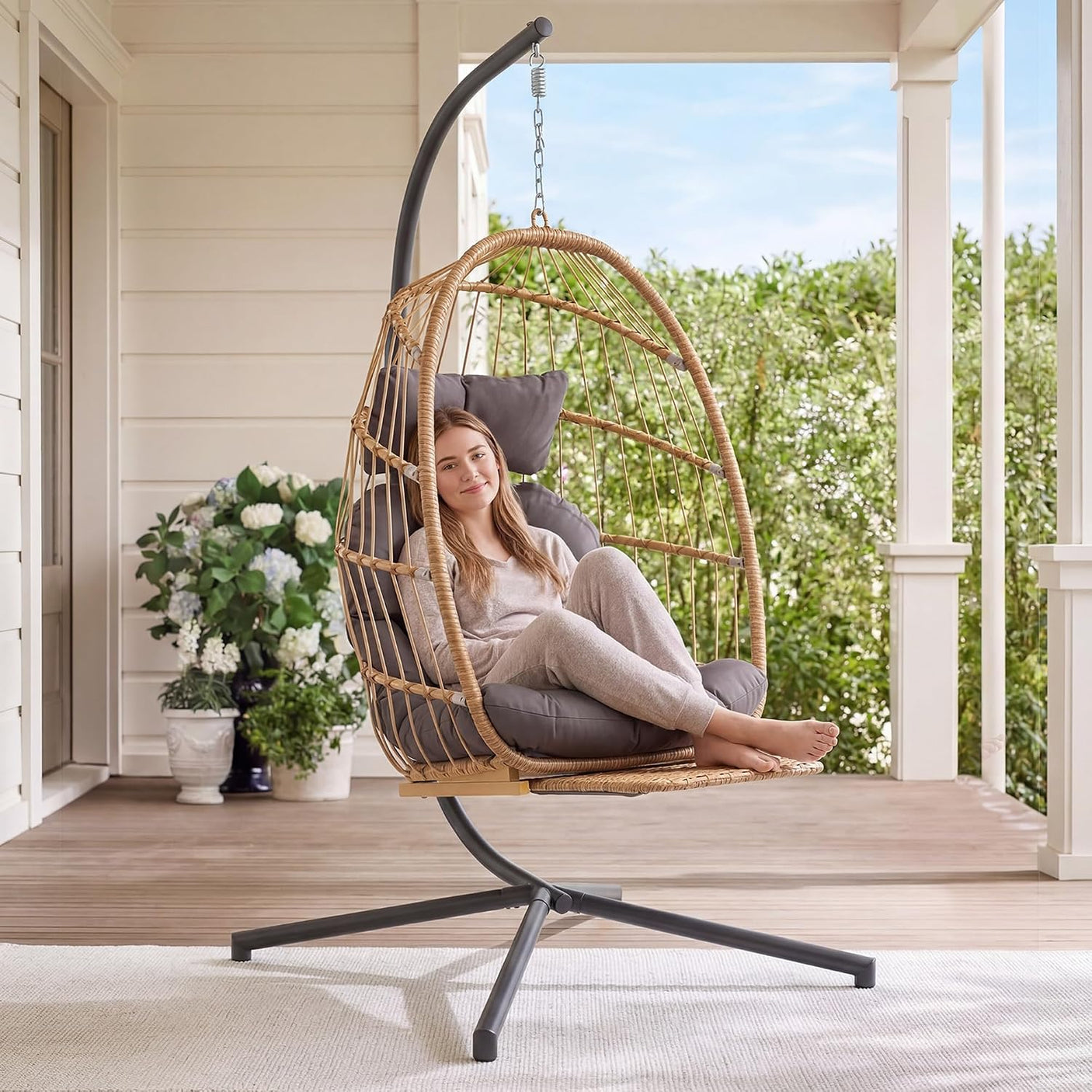 Egg Hanging Chair with Stand, Footrest & Cushion | Patio & Bedroom, Natural Grey