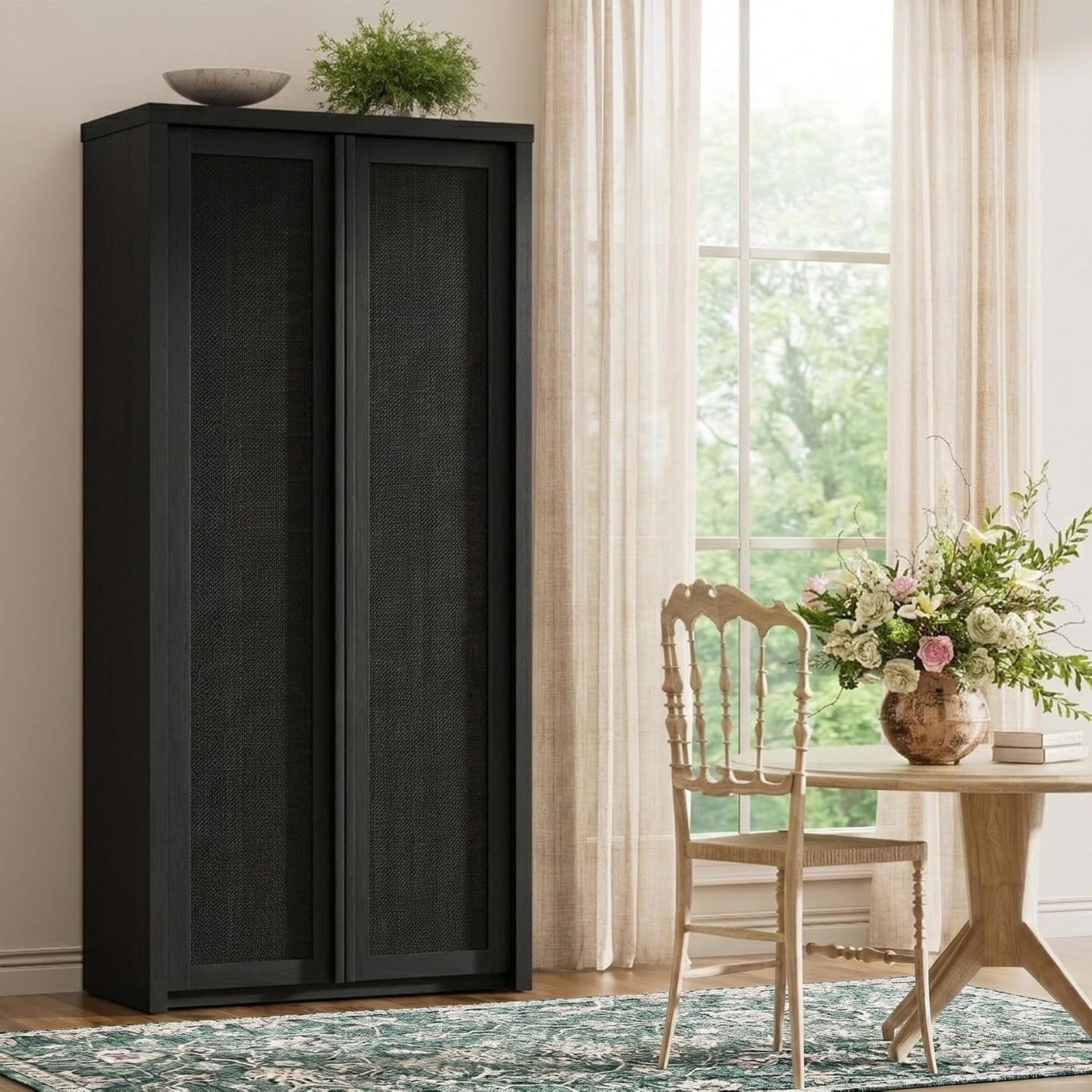 Yechen 67" Tall Rattan Kitchen Pantry Cabinet – Solid Wood Handle, Soft-Close Hinges, Adjustable Shelves, Dark Black