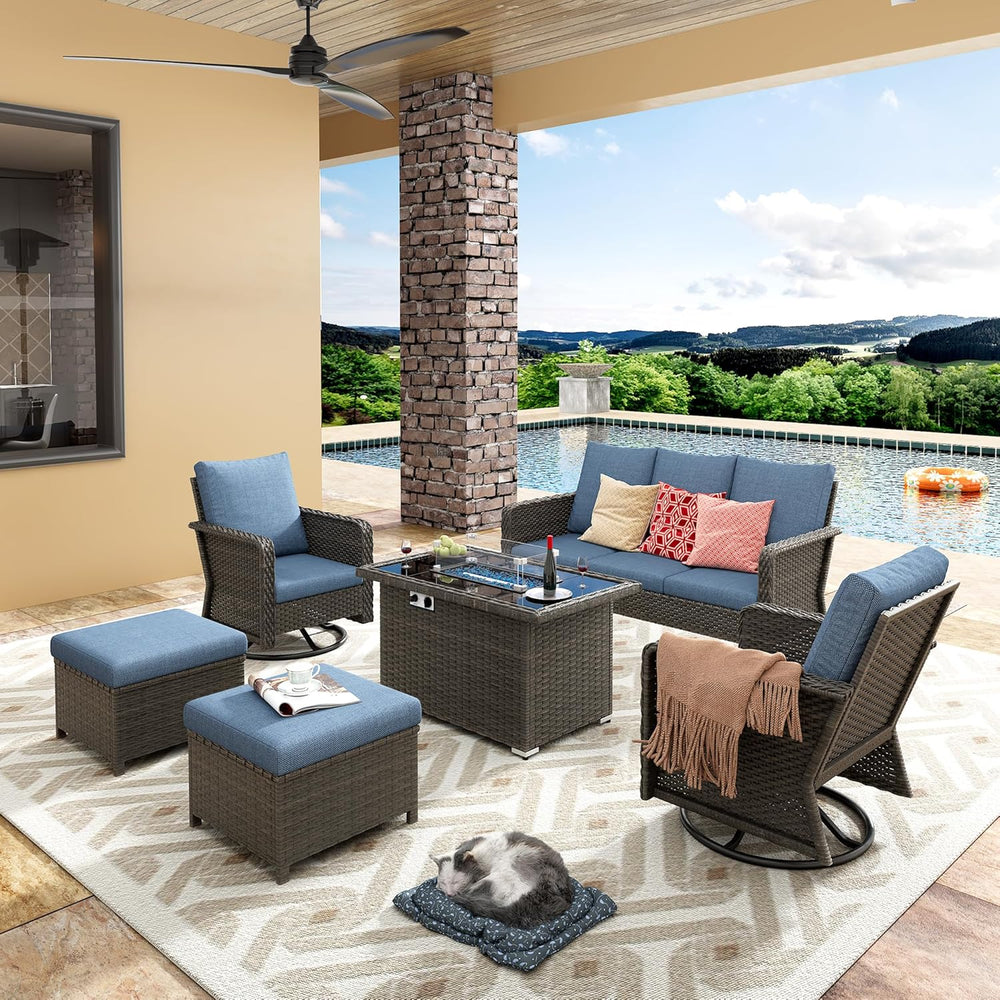 7 Seats Blue Patio Outdoor Conversation Sofa Set with Swivel Chair