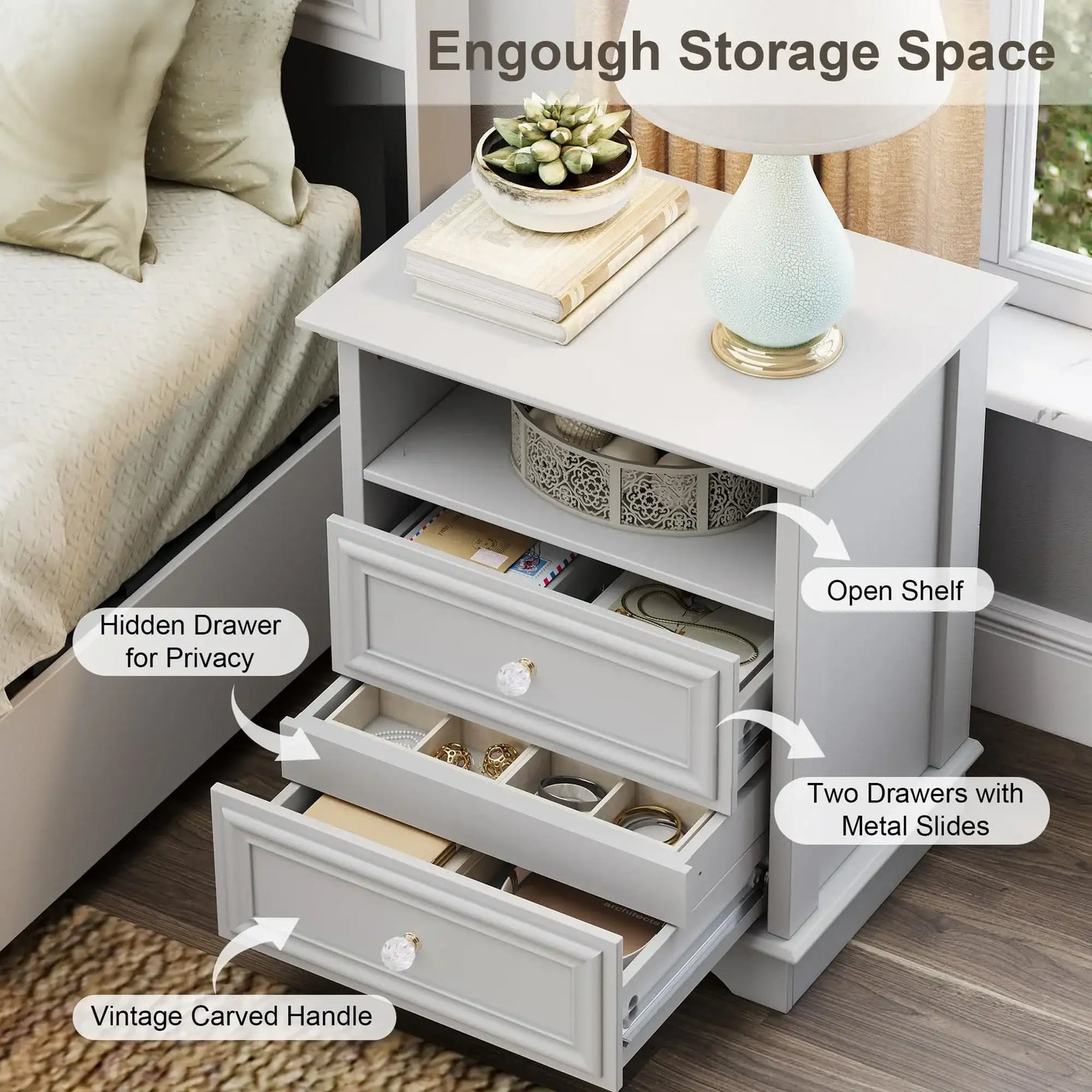 Farmhouse Mid Century Modern Nightstand, 2-Drawer 25" Tall Wood