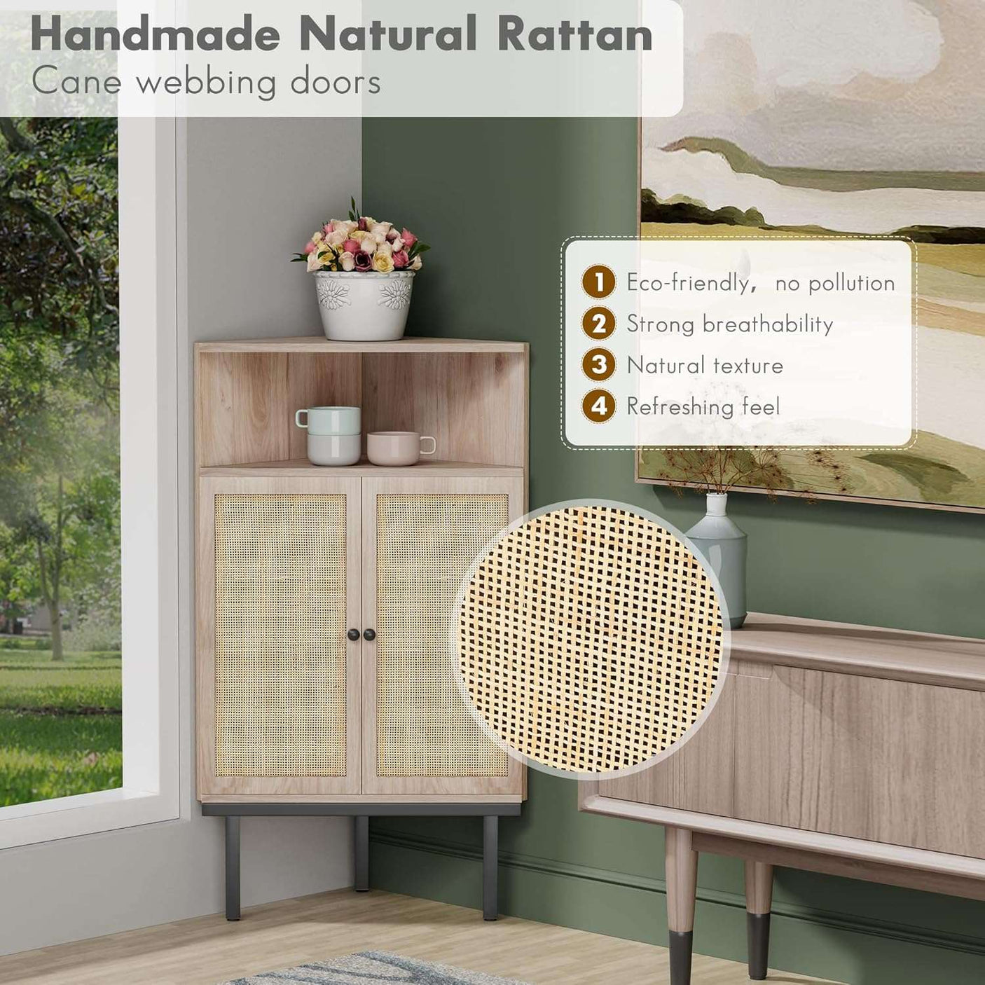 4-Tier Rattan Doors Corner Storage Cabinet