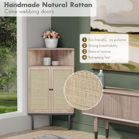 4-Tier Rattan Doors Corner Storage Cabinet