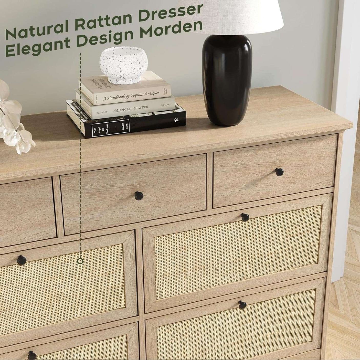 7 Drawer Natural Rattan Dresser - Boho Mid-Century Modern Bedroom Storage