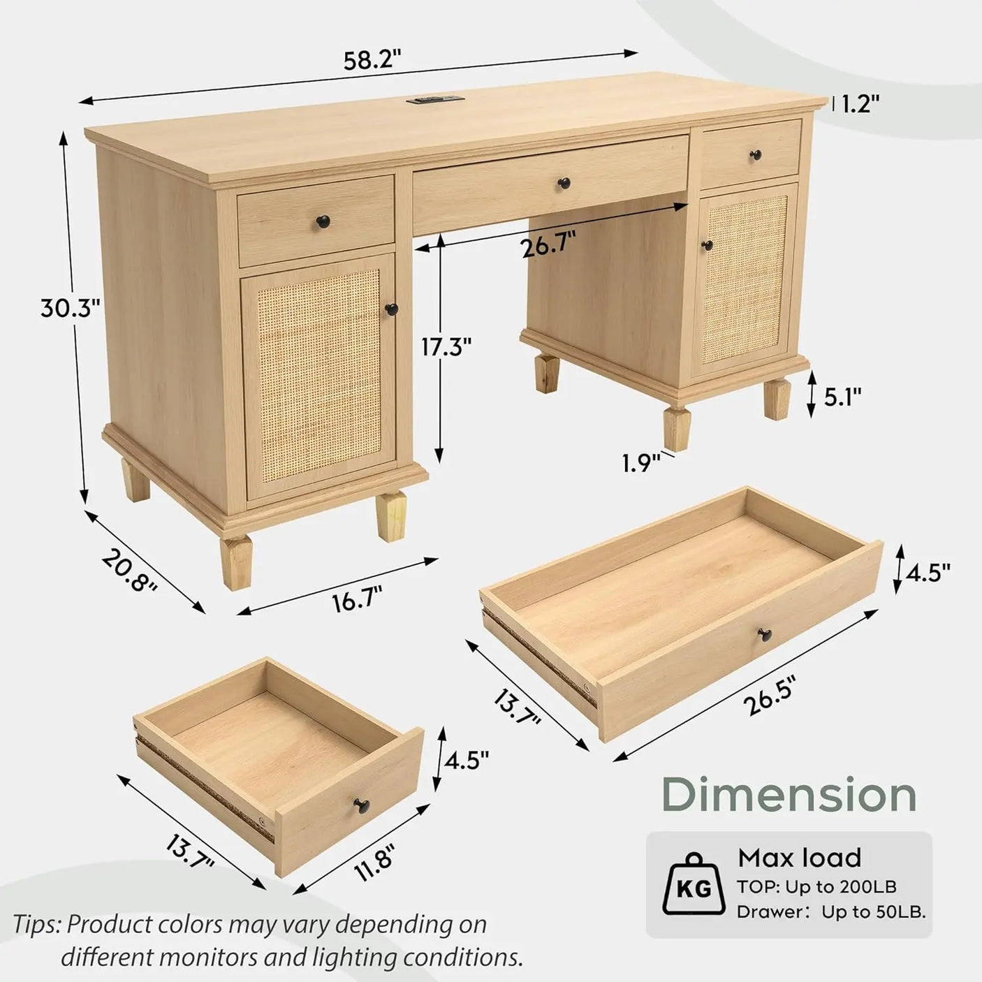 58" Modern Boho Rattan Door Executive Desk