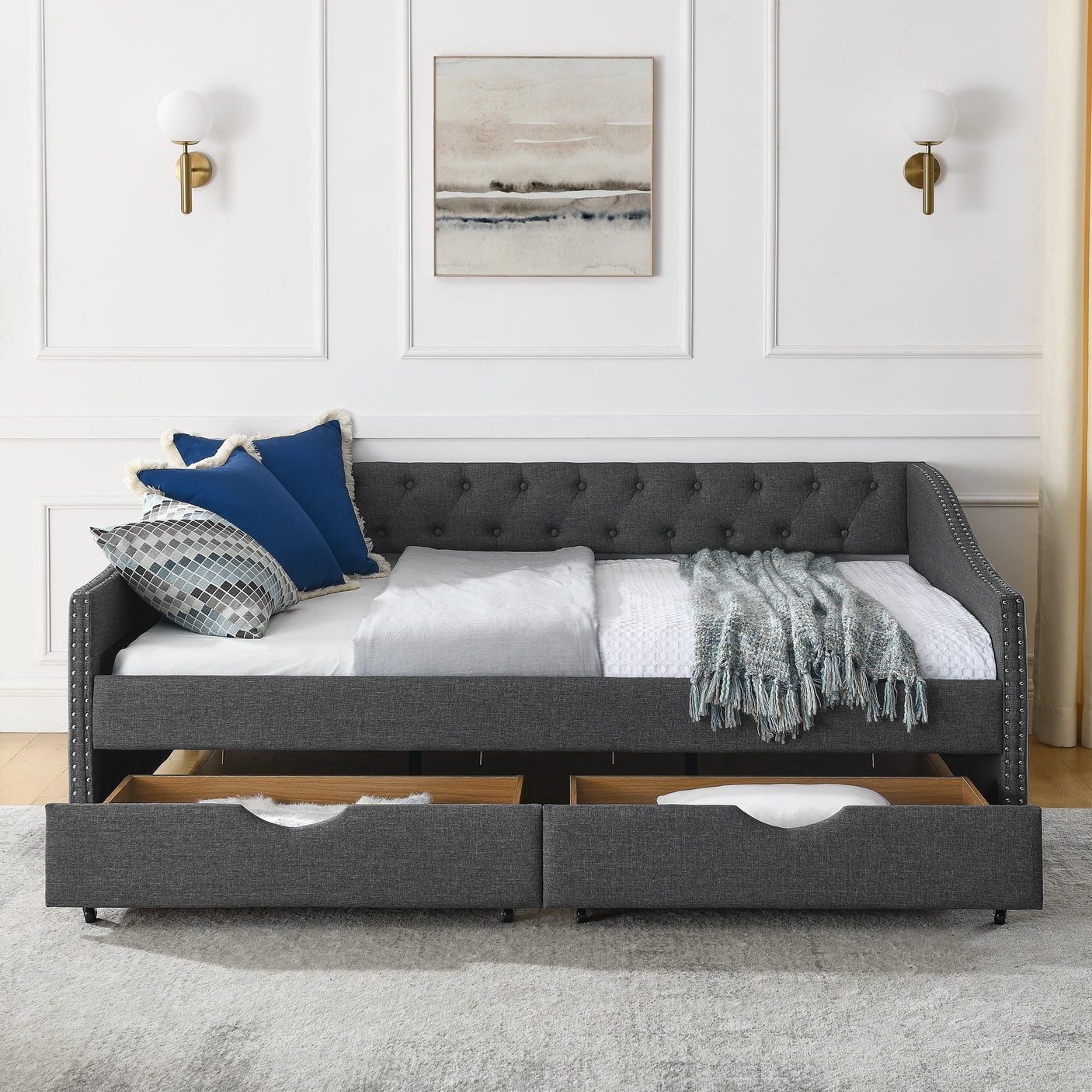 Modern Linen Upholstered Daybed with Double Drawers